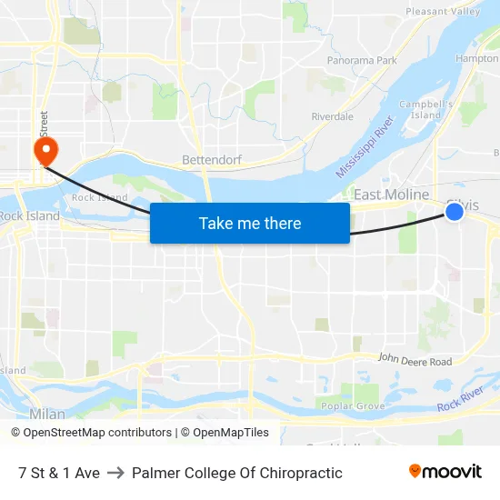 7 St & 1 Ave to Palmer College Of Chiropractic map