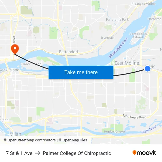 7 St & 1 Ave to Palmer College Of Chiropractic map