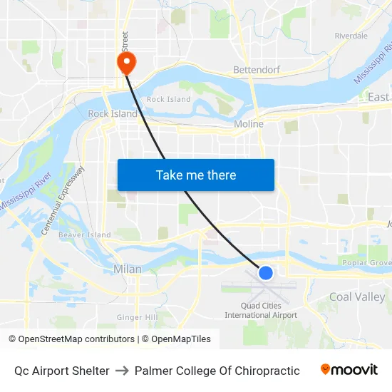 Qc Airport Shelter to Palmer College Of Chiropractic map