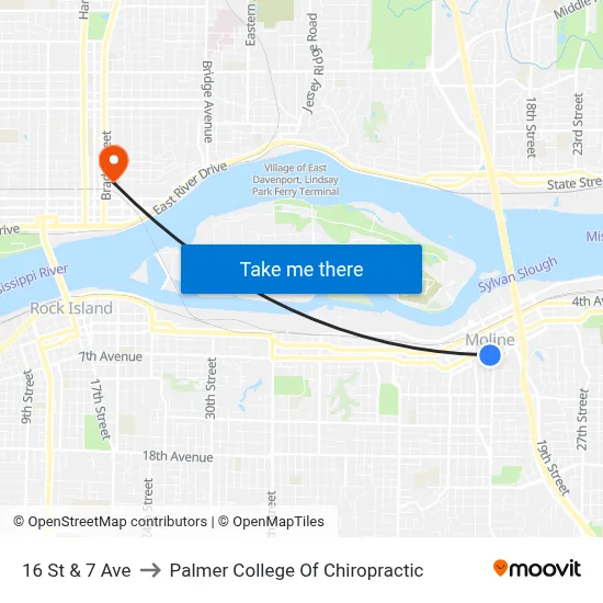 16 St & 7 Ave to Palmer College Of Chiropractic map