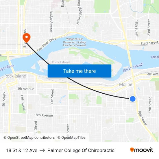 18 St & 12 Ave to Palmer College Of Chiropractic map