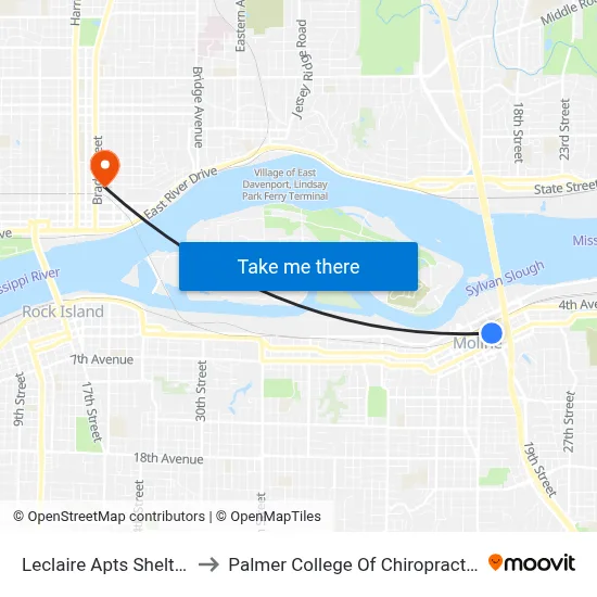 Leclaire Apts Shelter to Palmer College Of Chiropractic map