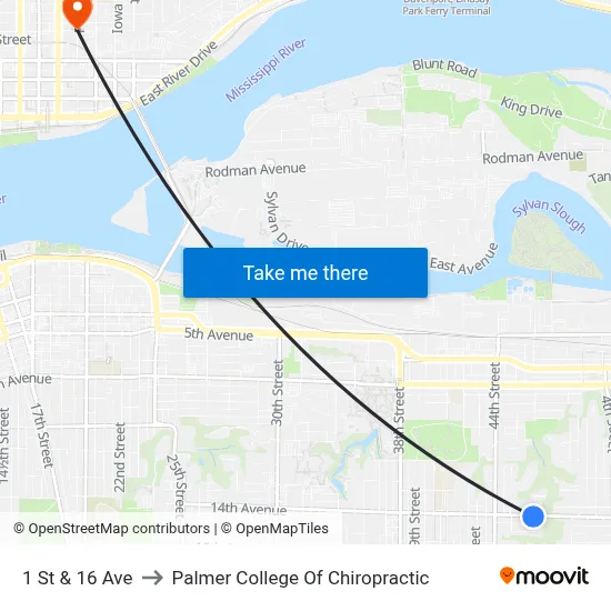 1 St & 16 Ave to Palmer College Of Chiropractic map