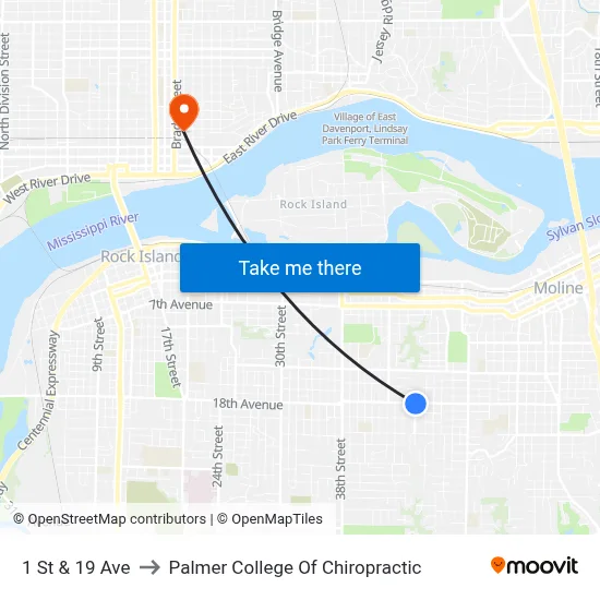 1 St & 19 Ave to Palmer College Of Chiropractic map