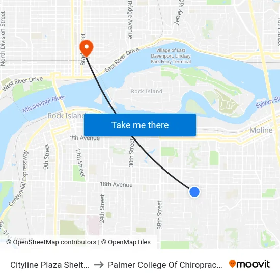 Cityline Plaza Shelter to Palmer College Of Chiropractic map