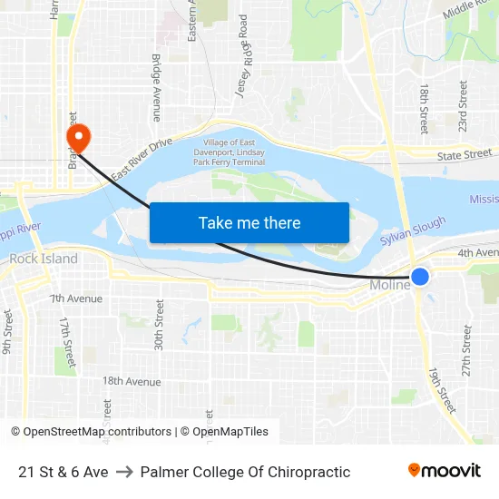 21 St & 6 Ave to Palmer College Of Chiropractic map