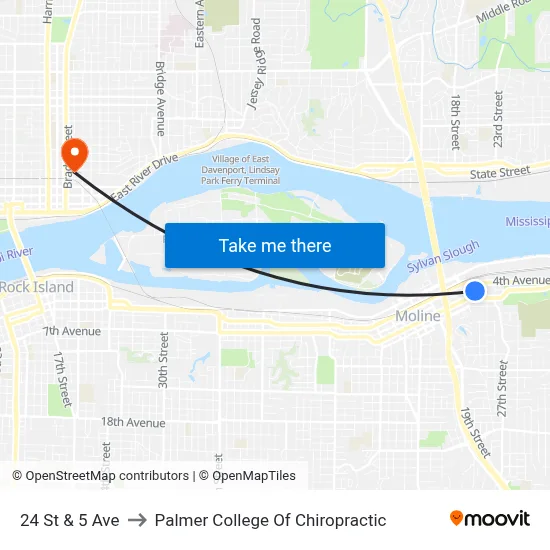 24 St & 5 Ave to Palmer College Of Chiropractic map