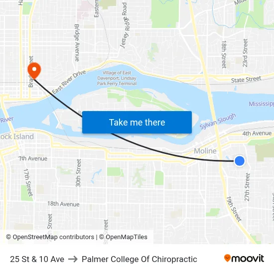 25 St & 10 Ave to Palmer College Of Chiropractic map