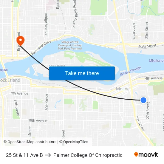 25 St & 11 Ave B to Palmer College Of Chiropractic map