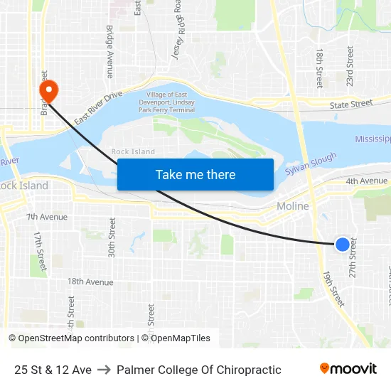 25 St & 12 Ave to Palmer College Of Chiropractic map