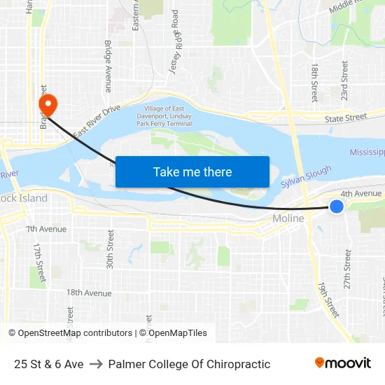 25 St & 6 Ave to Palmer College Of Chiropractic map
