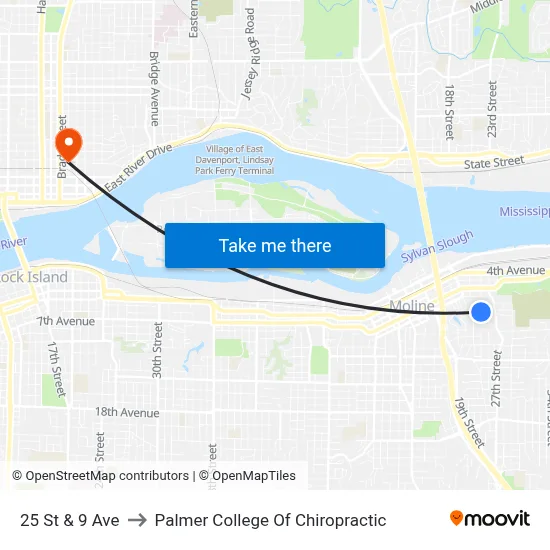 25 St & 9 Ave to Palmer College Of Chiropractic map