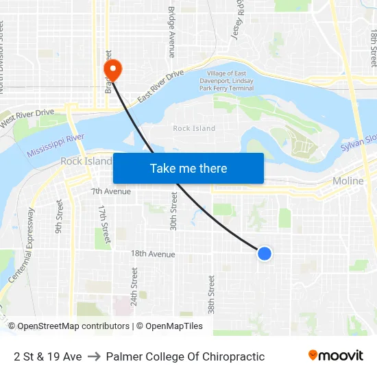 2 St & 19 Ave to Palmer College Of Chiropractic map