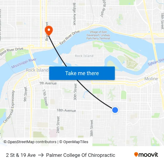 2 St & 19 Ave to Palmer College Of Chiropractic map