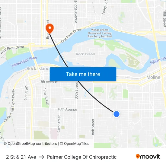 2 St & 21 Ave to Palmer College Of Chiropractic map