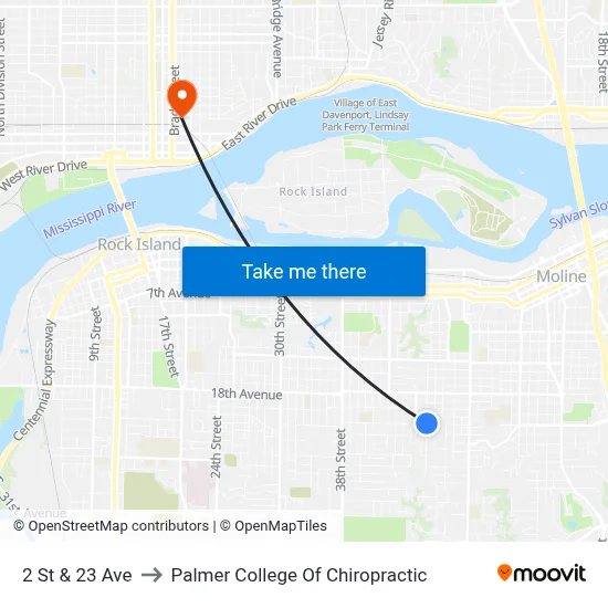 2 St & 23 Ave to Palmer College Of Chiropractic map