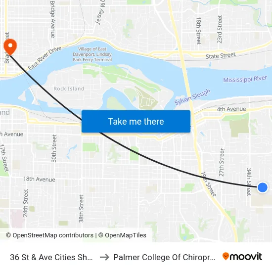 36 St & Ave Cities Shelter to Palmer College Of Chiropractic map