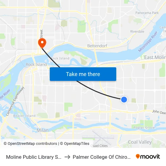 Moline Public Library Shelter to Palmer College Of Chiropractic map