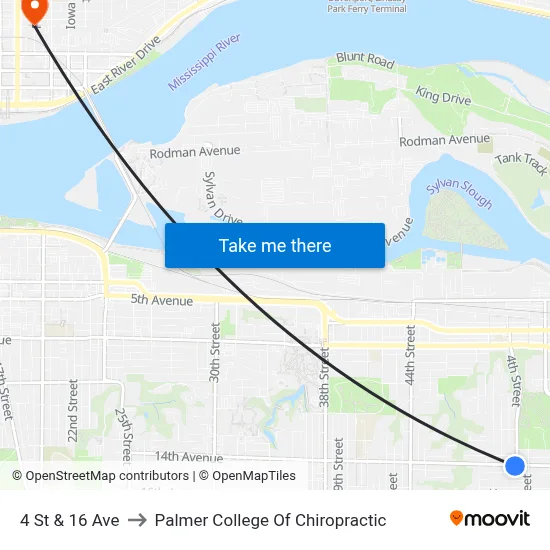 4 St & 16 Ave to Palmer College Of Chiropractic map