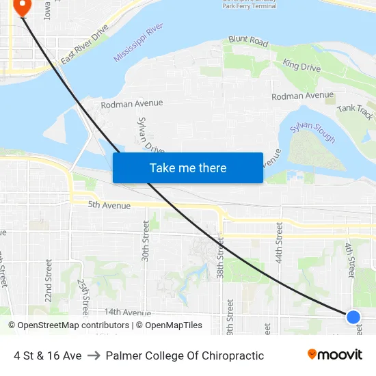 4 St & 16 Ave to Palmer College Of Chiropractic map