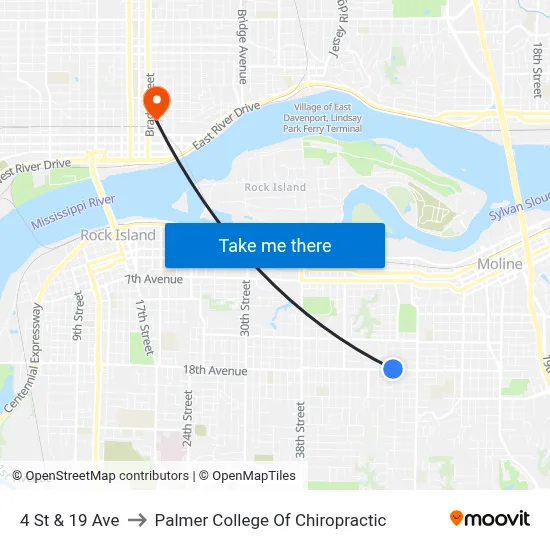 4 St & 19 Ave to Palmer College Of Chiropractic map