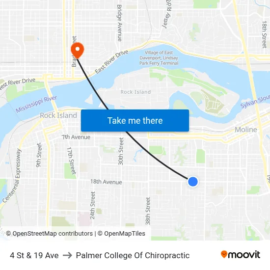 4 St & 19 Ave to Palmer College Of Chiropractic map