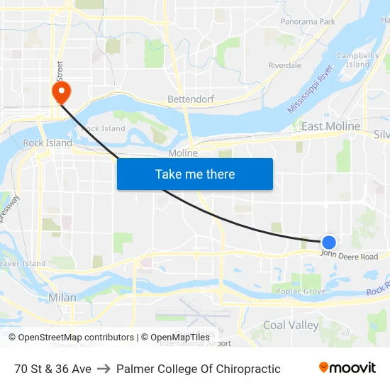 70 St & 36 Ave to Palmer College Of Chiropractic map