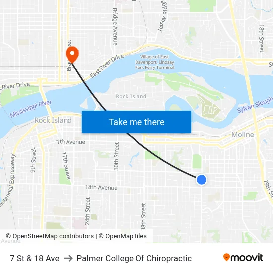 7 St & 18 Ave to Palmer College Of Chiropractic map
