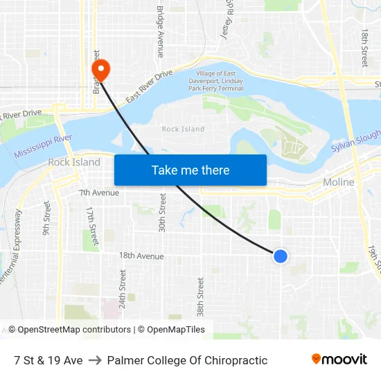 7 St & 19 Ave to Palmer College Of Chiropractic map
