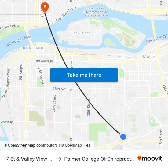 7 St & Valley View Dr to Palmer College Of Chiropractic map