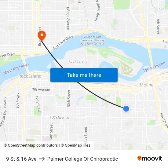 9 St & 16 Ave to Palmer College Of Chiropractic map