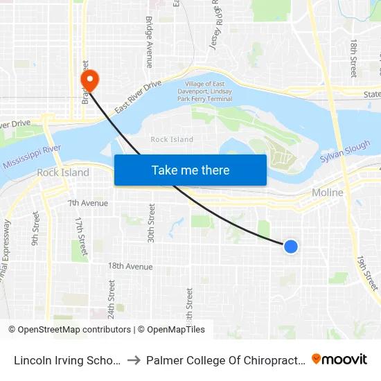 Lincoln Irving School to Palmer College Of Chiropractic map