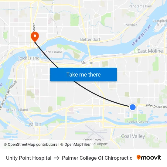 Unity Point Hospital to Palmer College Of Chiropractic map