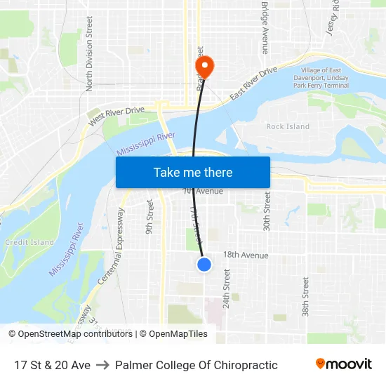 17 St & 20 Ave to Palmer College Of Chiropractic map