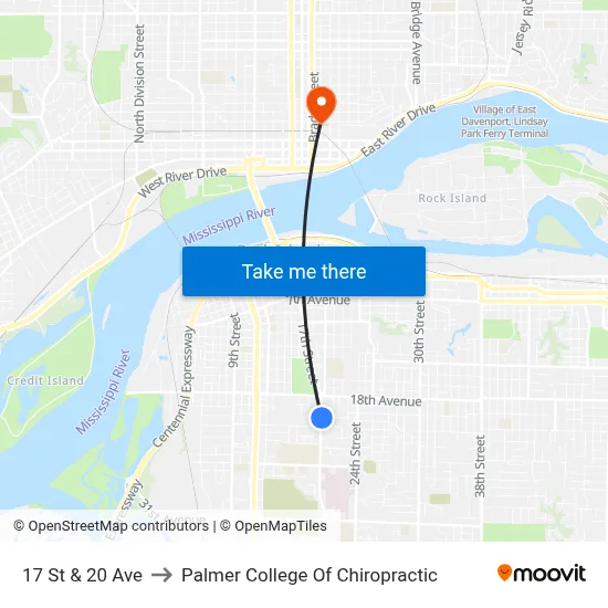 17 St & 20 Ave to Palmer College Of Chiropractic map