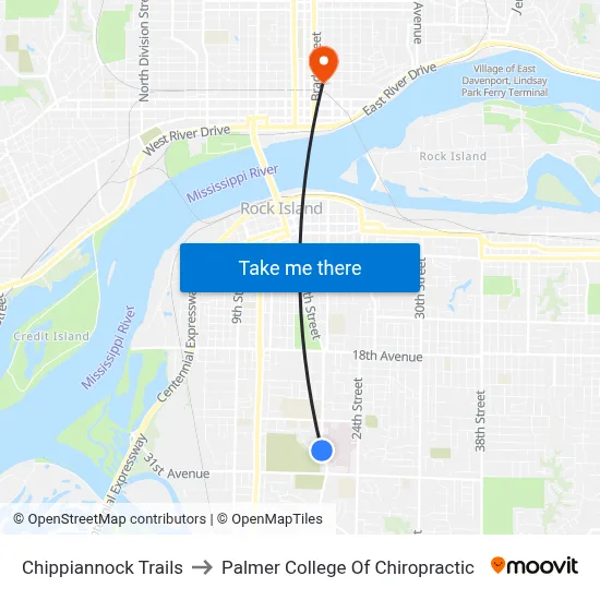 Chippiannock Trails to Palmer College Of Chiropractic map