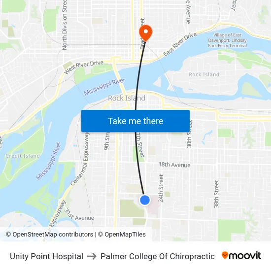 Unity Point Hospital to Palmer College Of Chiropractic map