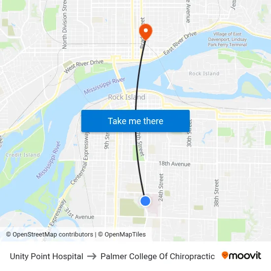 Unity Point Hospital to Palmer College Of Chiropractic map