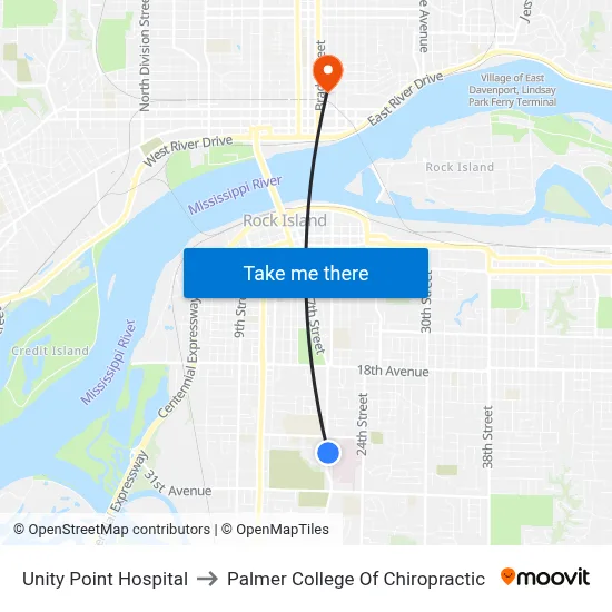 Unity Point Hospital to Palmer College Of Chiropractic map
