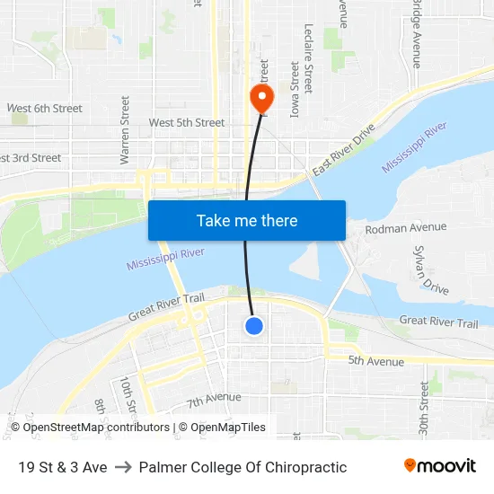 19 St & 3 Ave to Palmer College Of Chiropractic map
