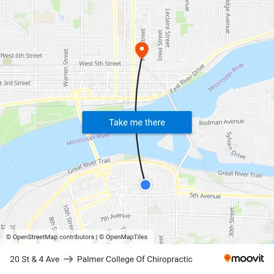 20 St & 4 Ave to Palmer College Of Chiropractic map