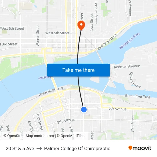 20 St & 5 Ave to Palmer College Of Chiropractic map