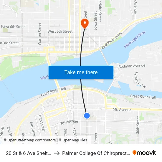 20 St & 6 Ave Shelter to Palmer College Of Chiropractic map