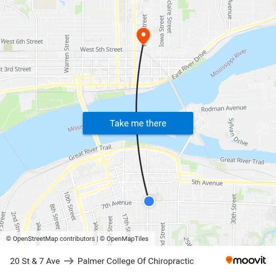 20 St & 7 Ave to Palmer College Of Chiropractic map