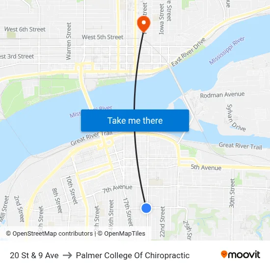 20 St & 9 Ave to Palmer College Of Chiropractic map