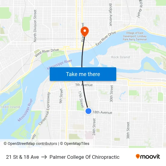 21 St & 18 Ave to Palmer College Of Chiropractic map