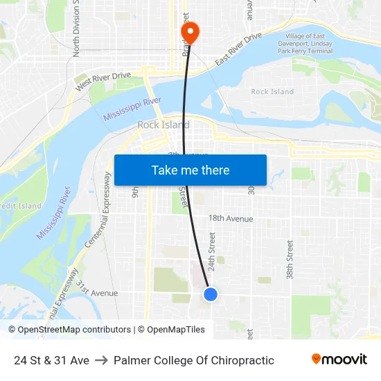 24 St & 31 Ave to Palmer College Of Chiropractic map