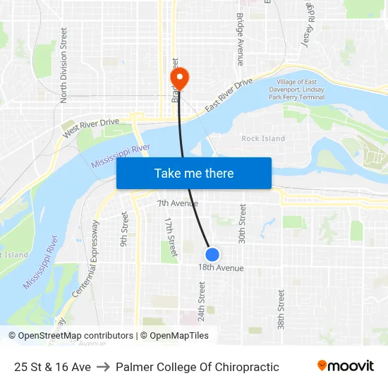 25 St & 16 Ave to Palmer College Of Chiropractic map