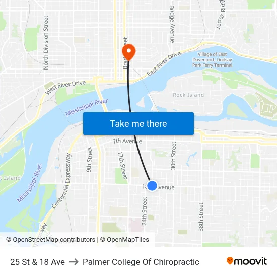25 St & 18 Ave to Palmer College Of Chiropractic map