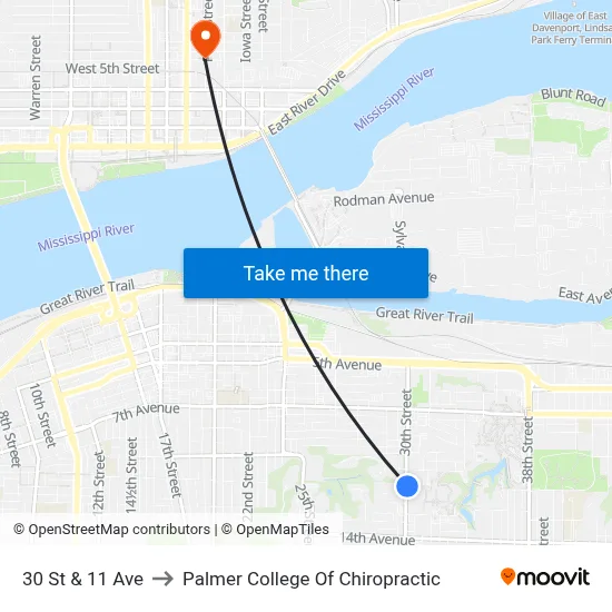 30 St & 11 Ave to Palmer College Of Chiropractic map